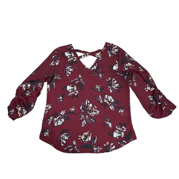 Maurice’s Floral Burgundy Blouse Criss cross back - Picture 1 of 4